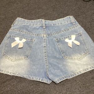 SHEIN Light Blue Jean Shorts with White Bow Details